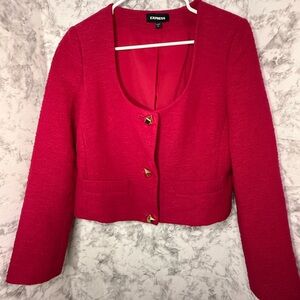 Express Women's Tweed Scoop Neck Vibrant Cranberry Blazer